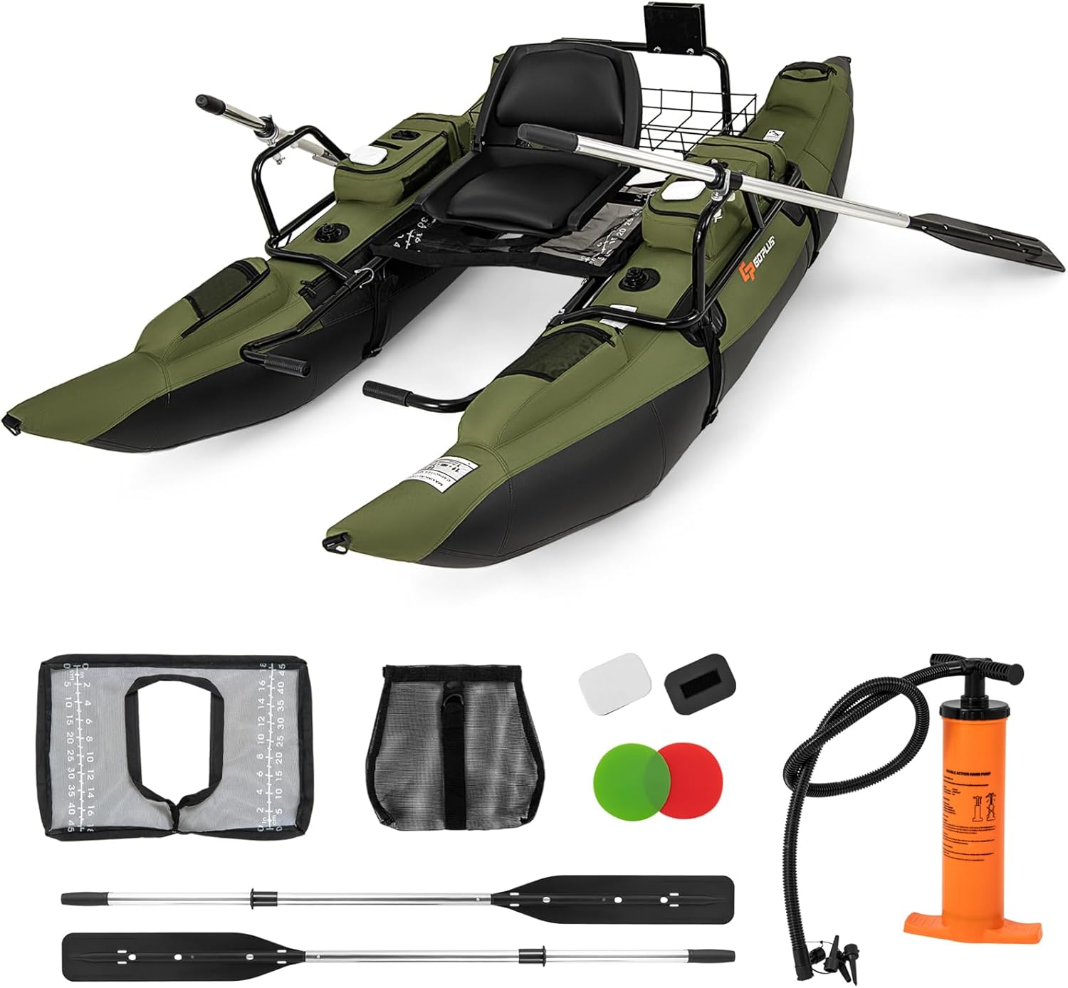 Fishing Boat Seat - 大人用インフレータブルベリーボート、折りたたみ式パッド入りシート、調節可能なフットレスト、ポンプ、パドル、魚尺、収納バスケット、ポケット付き – 釣りやアングリング用の耐荷重400ポンド